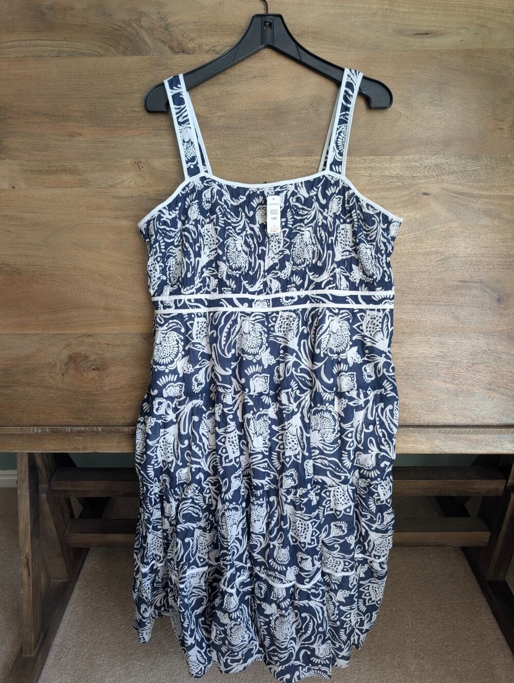 NWT Talbots Tiered Midi Sundress Womens 12 Blue White Floral Lined Wide Straps